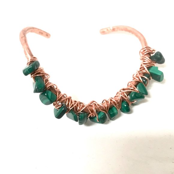 Genuine Malachite Gemstone Green Handmade Wire Wrap Cuff Solid Copper Bracelet - Picture 6 of 9